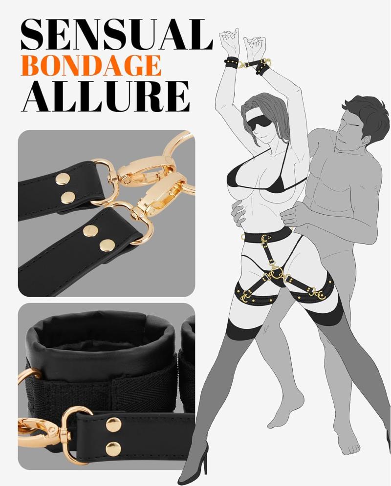 BDSM Bondage Kit 6PCS – Adjustable Handcuffs, Waist Strap & Blindfold Set for Couples
